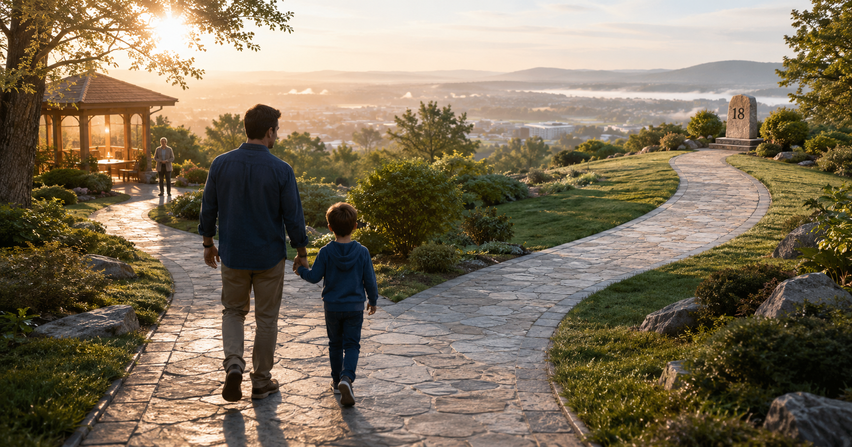 A parent and young child approaching a branching pathway, with one route leading to a trustee and the other to a milestone marked 18