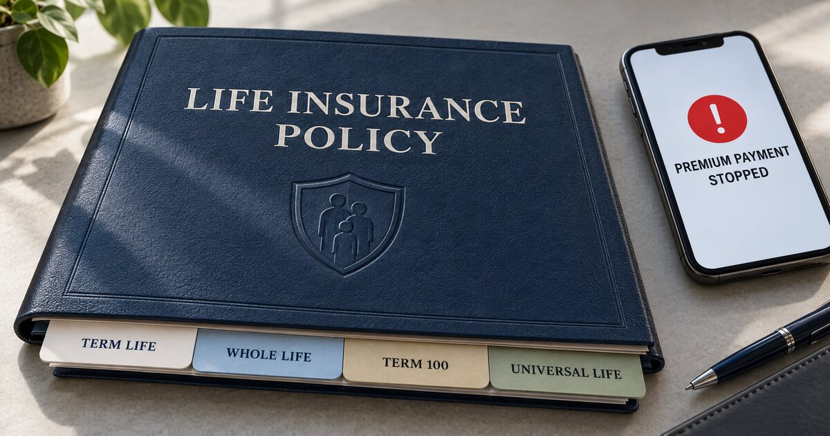 Life insurance policy beside a phone showing a stopped premium payment, with separate tabs for Term Life, Whole Life, Term 100, and Universal Life. Life insurance policy beside a phone showing a stopped premium payment, with separate tabs for Term Life, Whole Life, Term 100, and Universal Life.