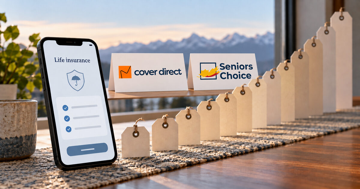 A life insurance quote on a phone beside Cover Direct and Seniors Choice logos and a row of rising price tags representing increasing premiums.