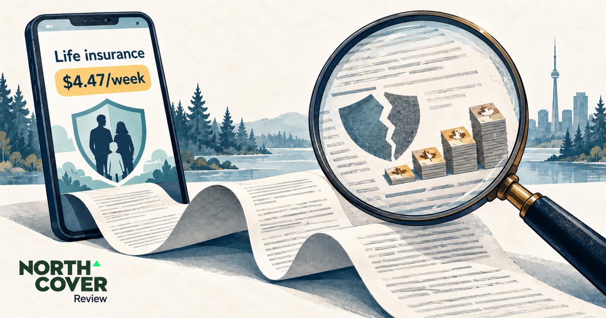 North Cover life insurance review illustration showing a $4.47 weekly offer and a magnifying glass revealing rising costs and a cracked protection shield in the fine print. North Cover life insurance review illustration showing a $4.47 weekly offer and a magnifying glass revealing rising costs and a cracked protection shield in the fine print.