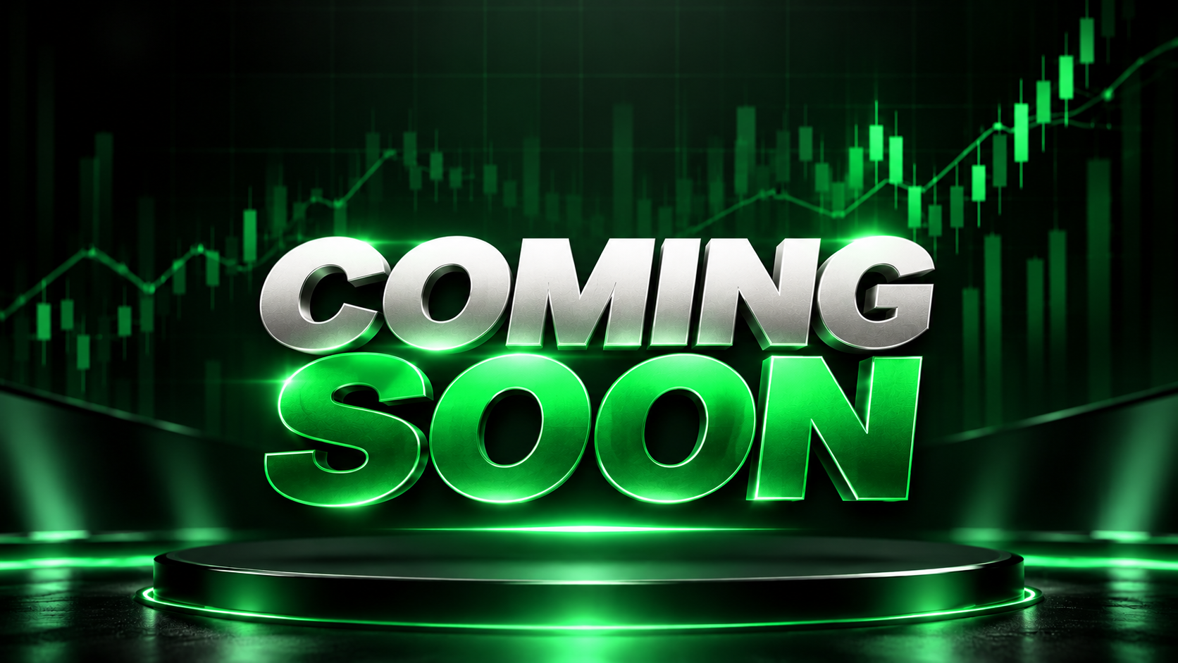 Coming Soon video thumbnail featuring bold metallic silver and neon green 3D text on a black background with glowing green stock market charts and a futuristic platform, matching the Rich Forever University luxury finance aesthetic.