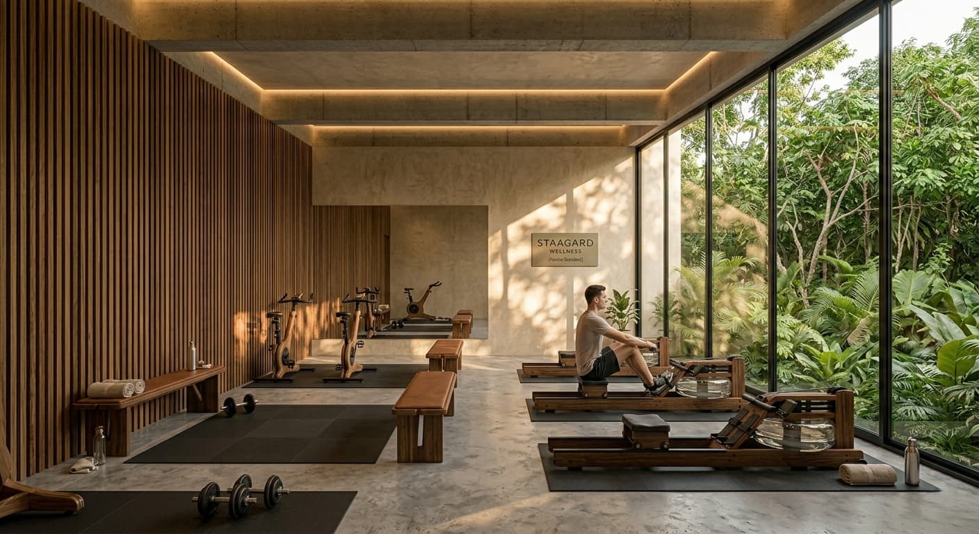 Gimnasio wellness con equipos de madera