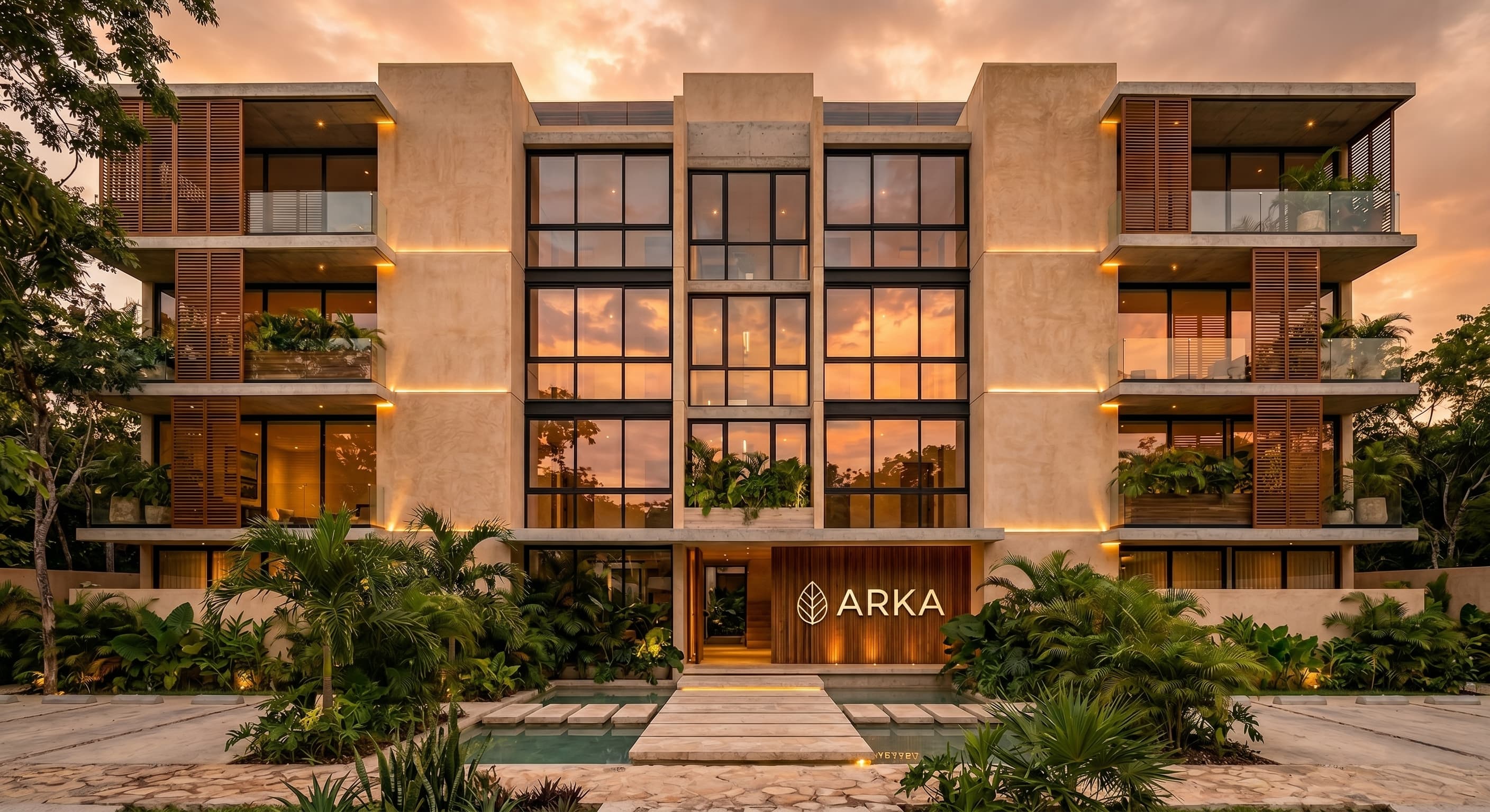 Fachada principal de ARKA al atardecer