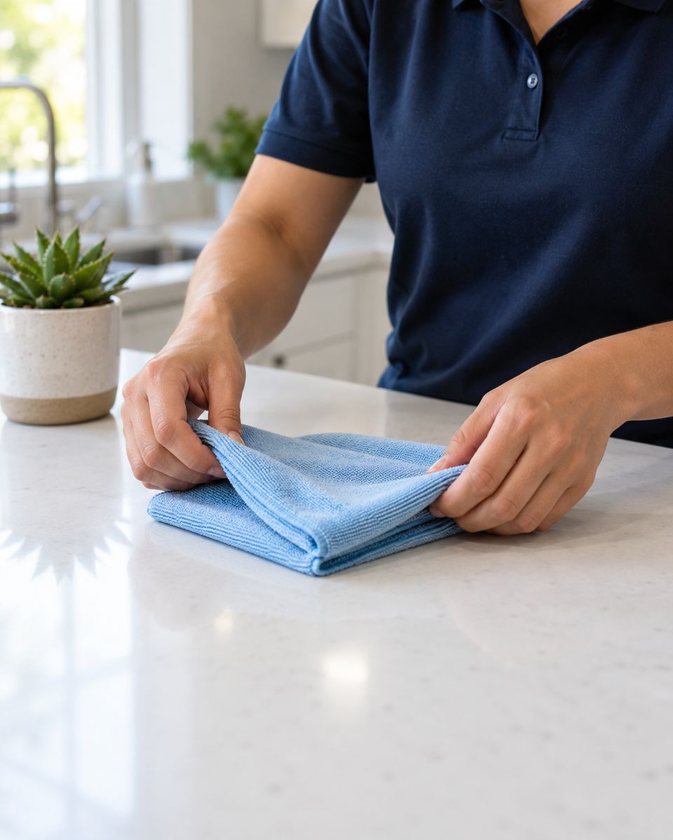 Cleaner folding a microfiber cloth on a spotless counter