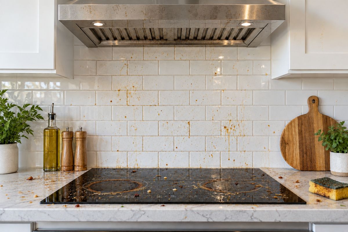 Kitchen stovetop and backsplash before a deep clean