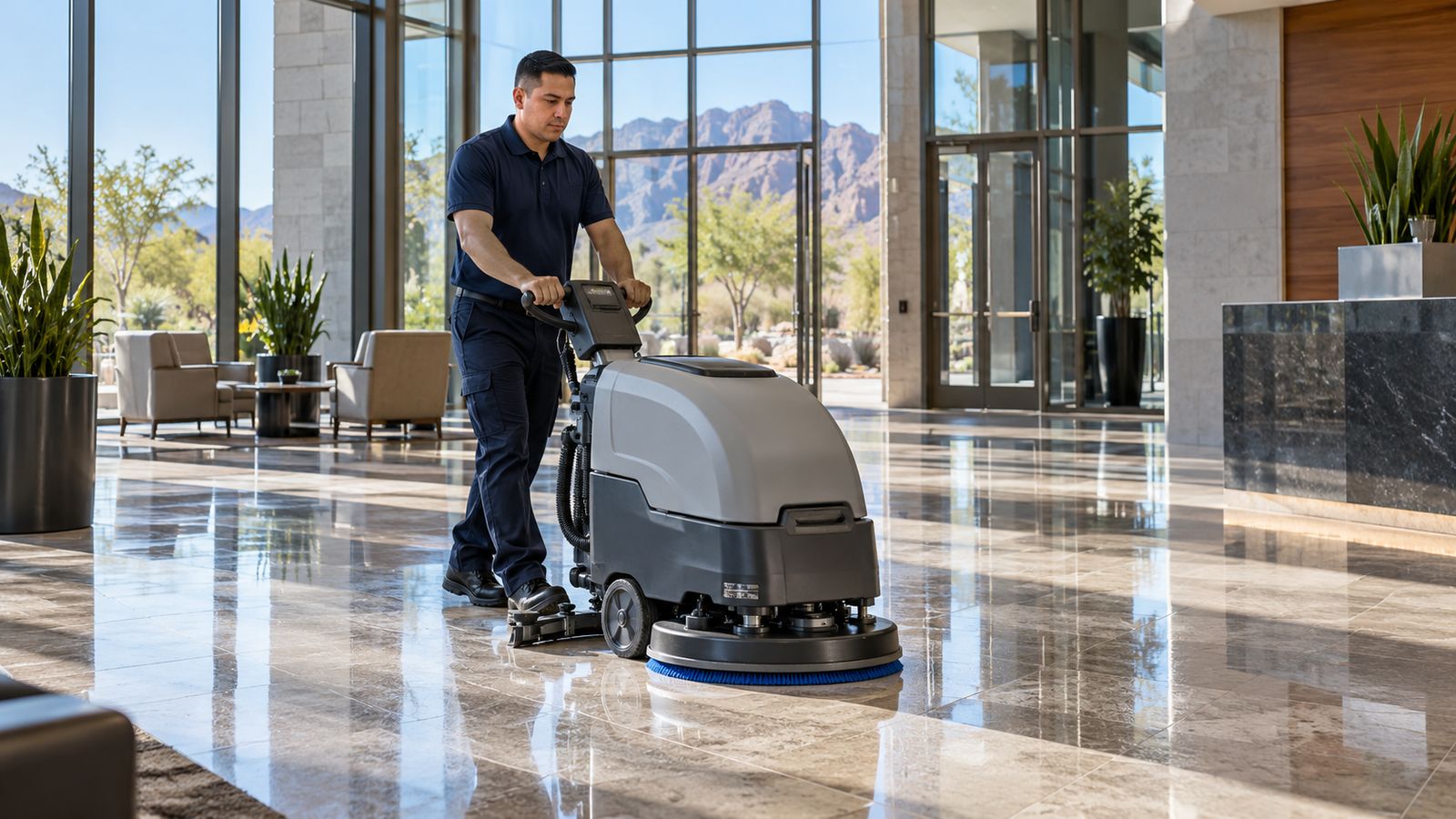 Commercial floor scrubbing in a bright Tucson office lobby