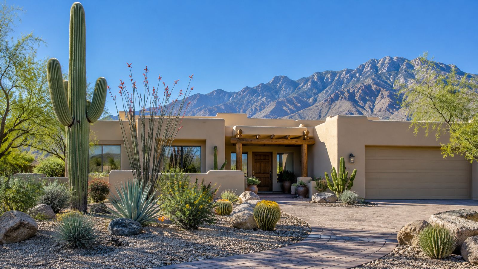 Clean southwestern home in Tucson, Arizona with saguaro cactus