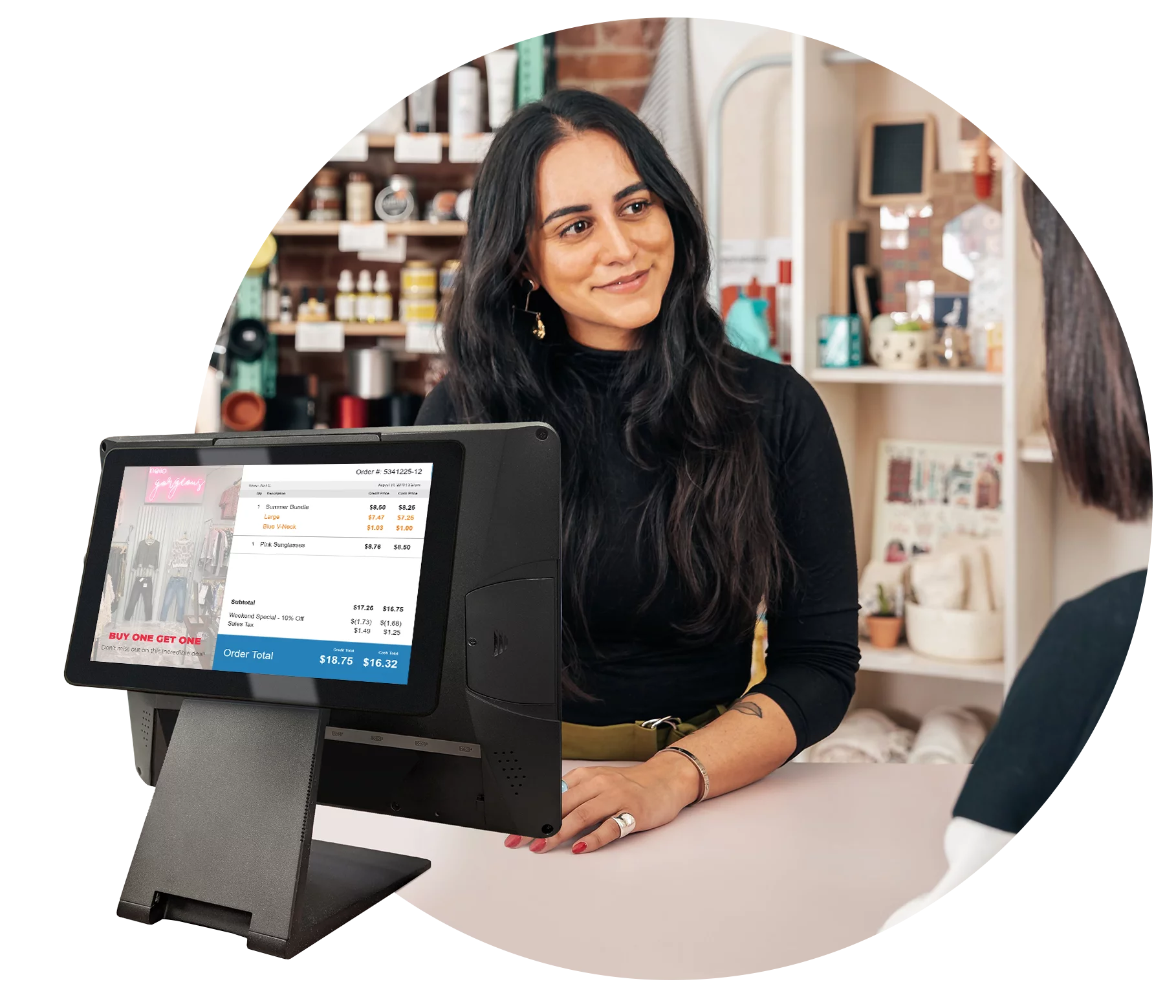 Customer using the Exatouch customer-facing display at checkout