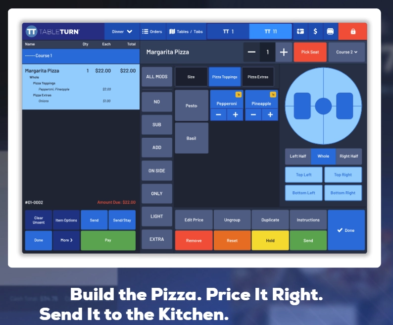TableTurn pizzeria POS with visual pizza builder