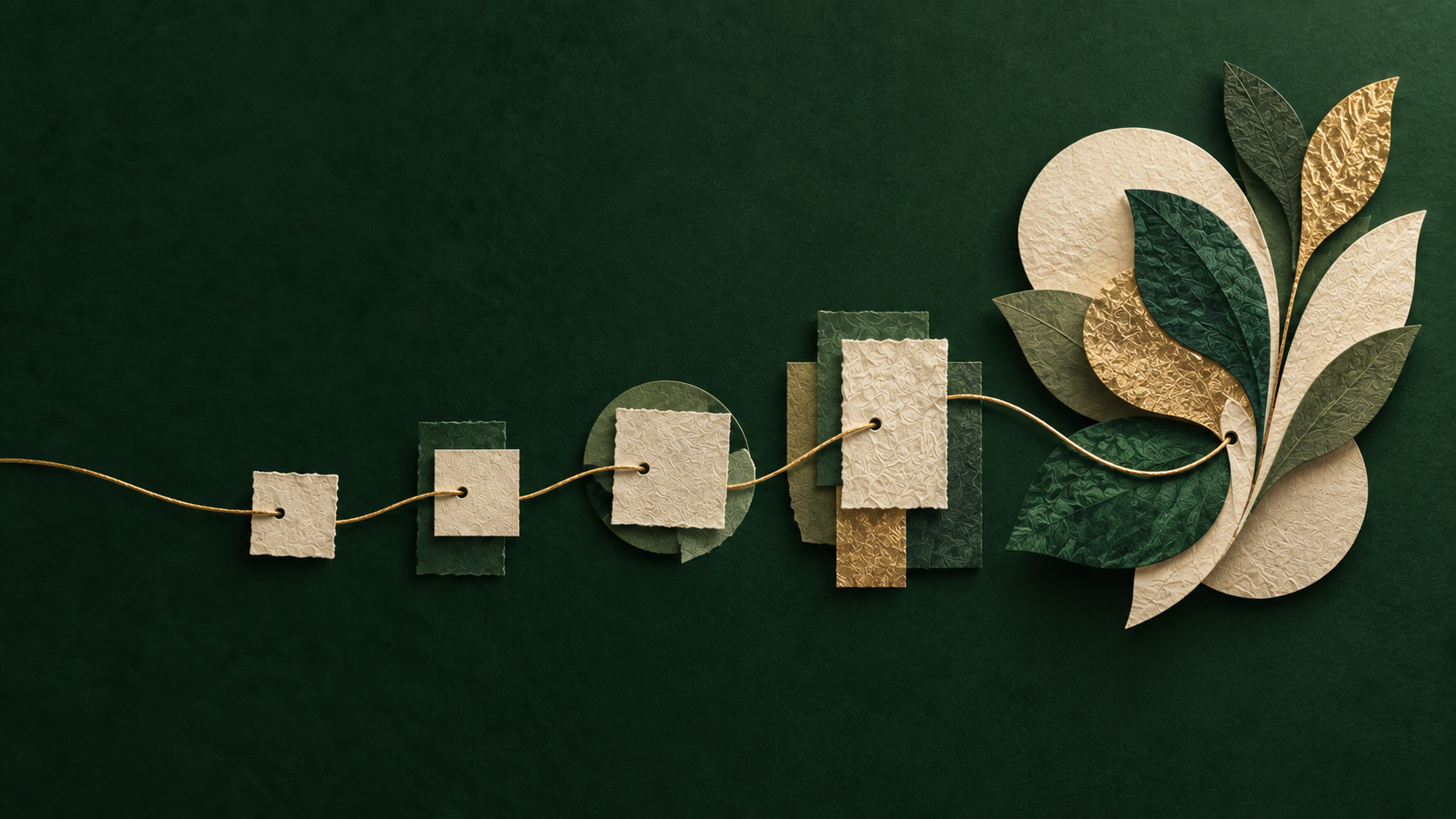 A gold thread carrying small paper cards that grow into a bloom of green and gold leaves