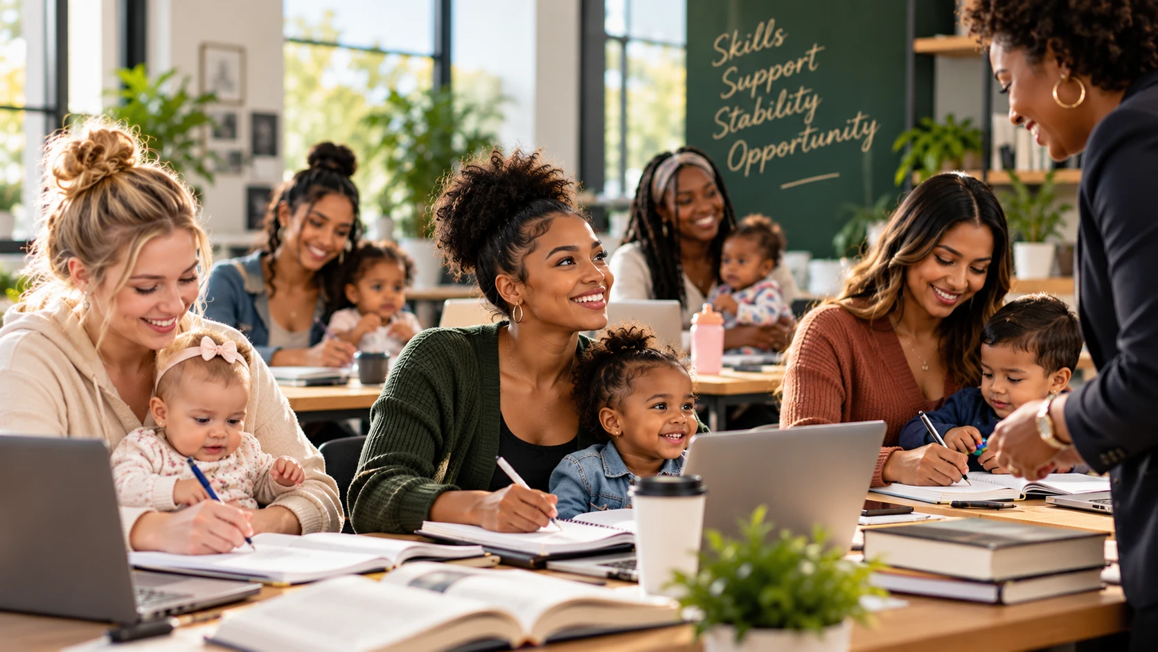 Young mothers with their children studying together in a bright classroom, with the words Skills, Support, Stability, Opportunity on the wall behind them.