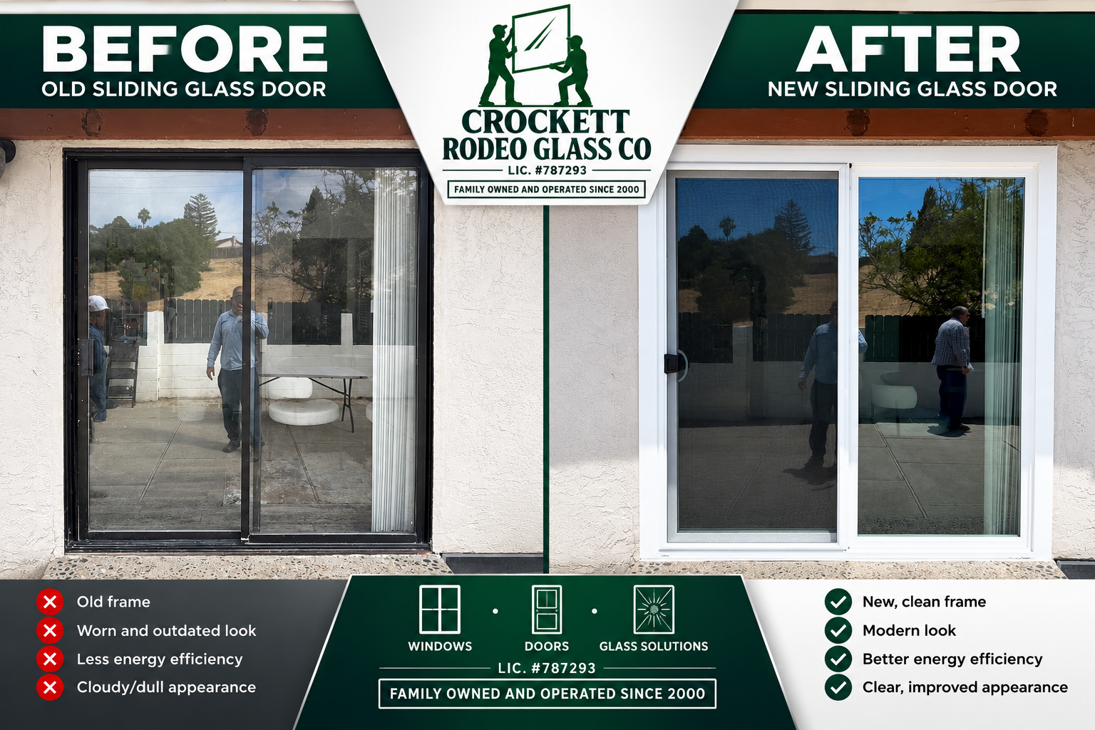 Before and after sliding glass door replacement by Crockett Rodeo Glass in Rodeo, CA