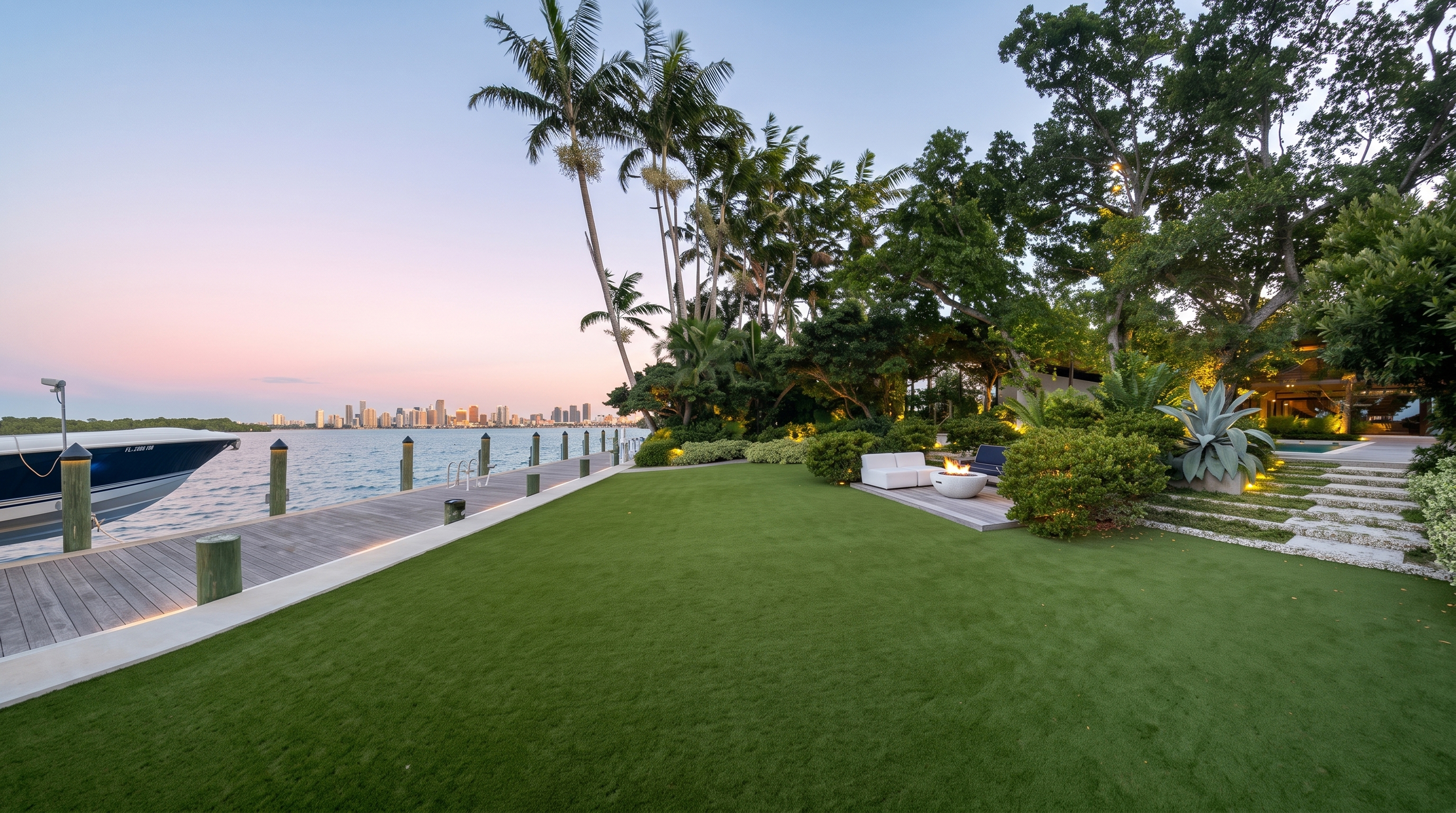 A wide waterfront lawn at sunset with a private dock, palm trees, a fire pit lounge, and the Miami skyline across Biscayne Bay