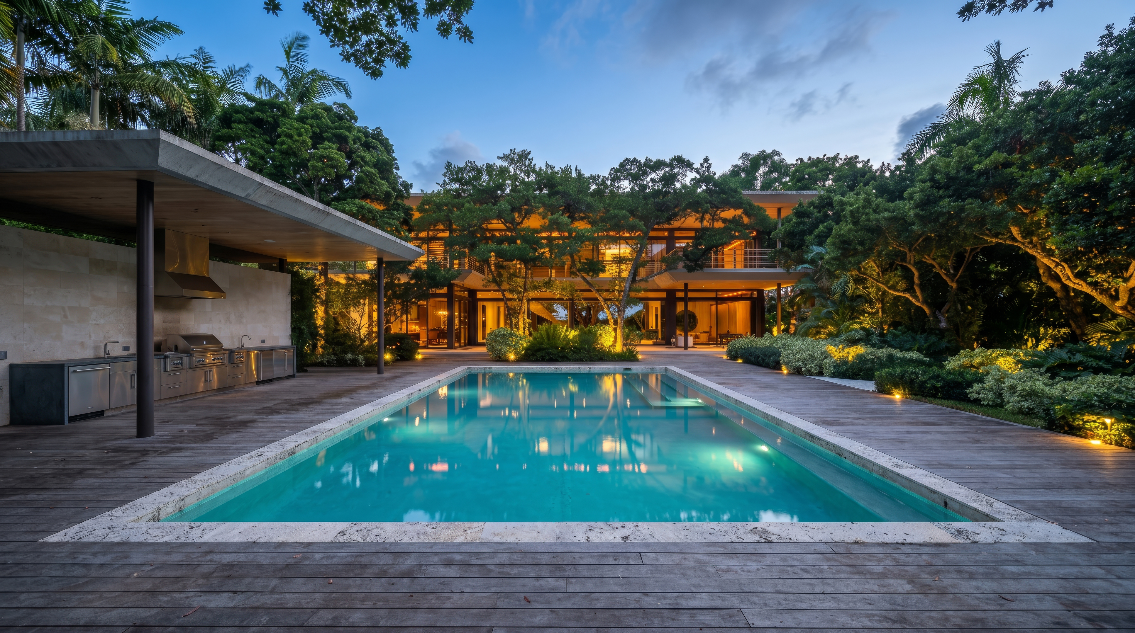 A long lit pool at dusk in front of a glass-walled modern estate, framed by palms and tropical trees