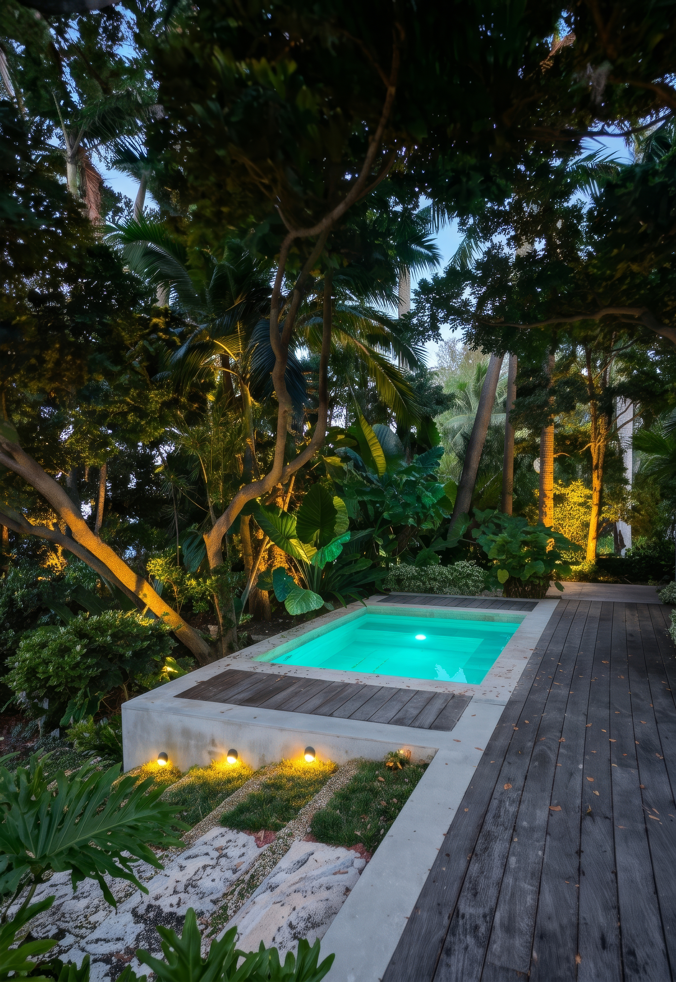 A glowing jacuzzi tucked under tropical trees with warm ground lighting