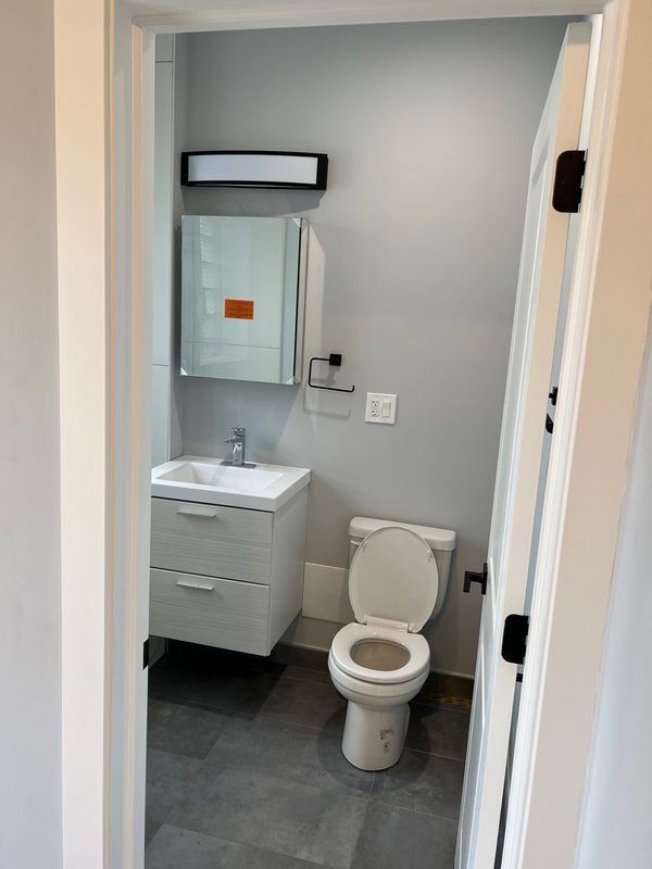Small bathroom with a white vanity, a toilet and a wall mirror