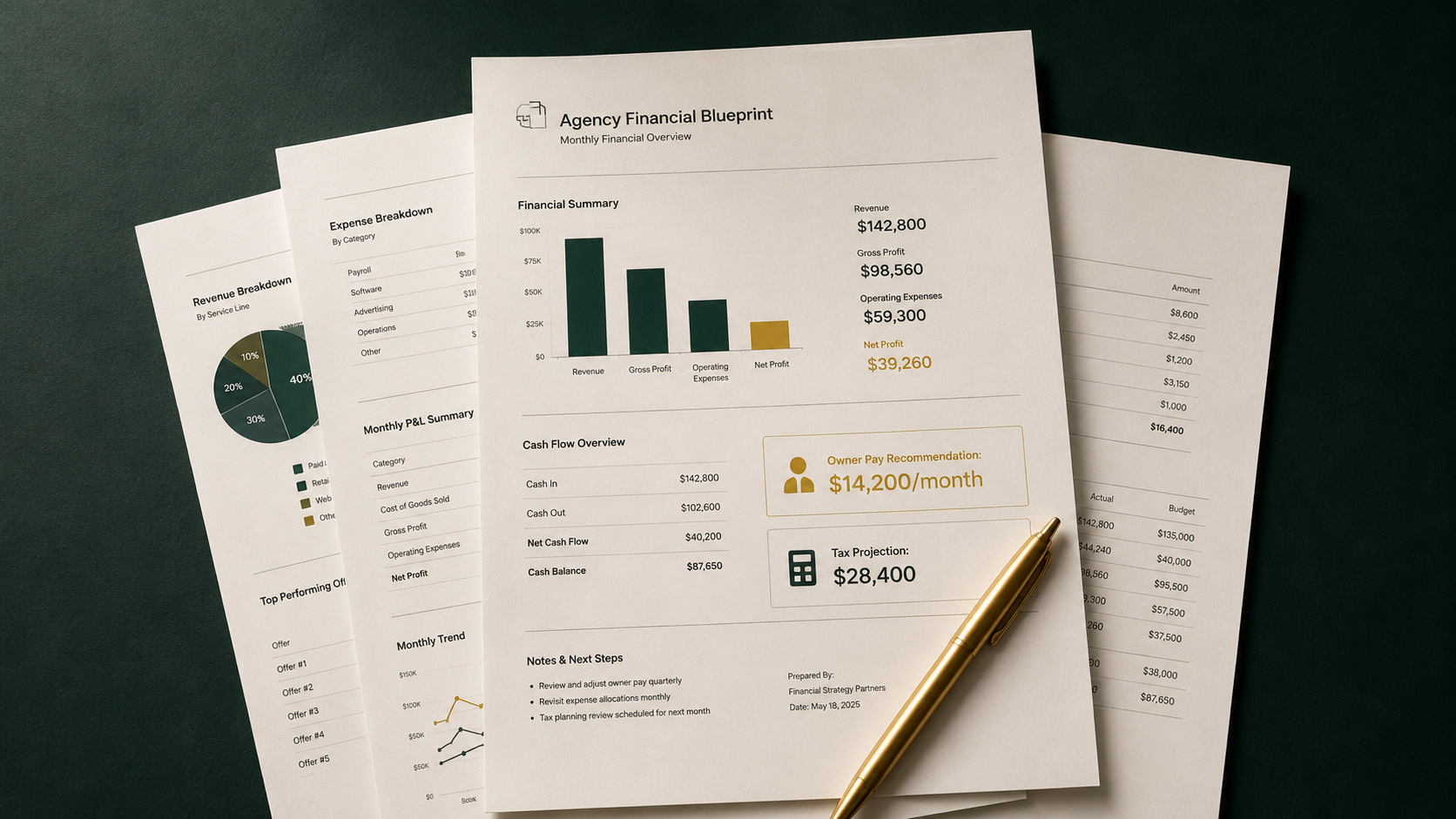 Monthly financial reports and charts on a desk
