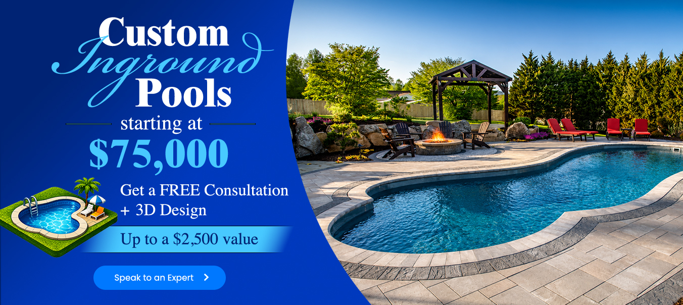 Luxury custom backyard pool at dusk with modern home, starting at $69,995 with a free $2,500 upgrade offe