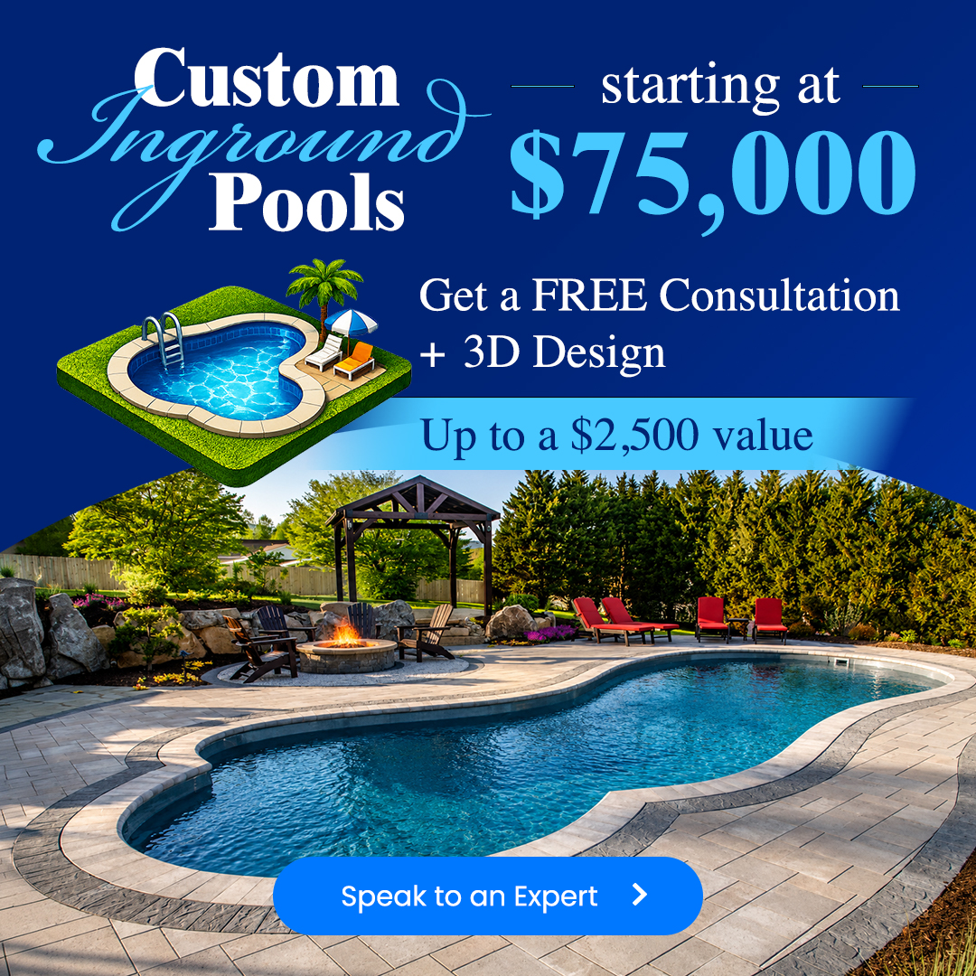 Luxury custom backyard pool at dusk with modern home, starting at $69,995 with a free $2,500 upgrade offe
