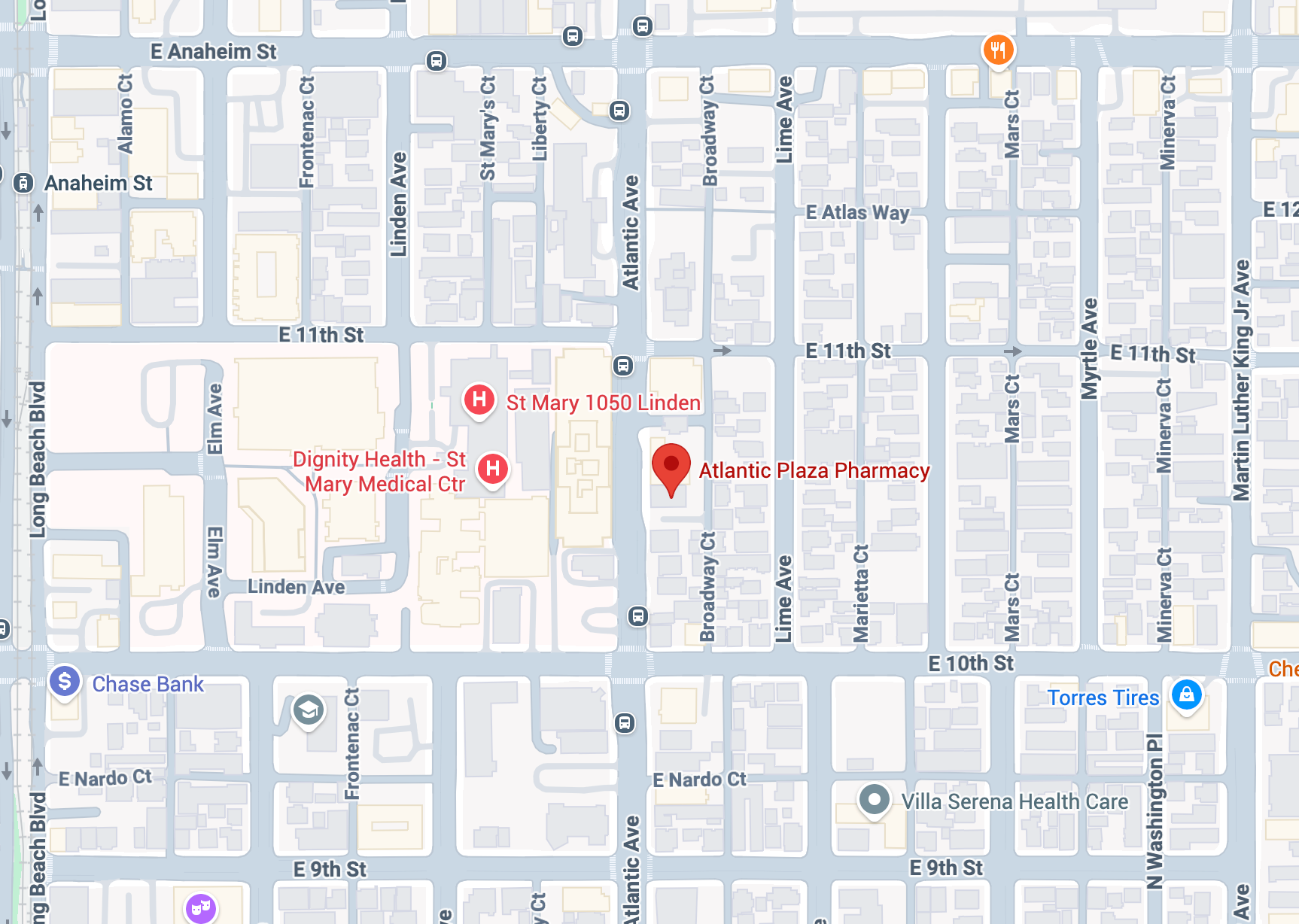 Map showing Atlantic Plaza Pharmacy at 1050 Atlantic Ave, Long Beach, CA 90813