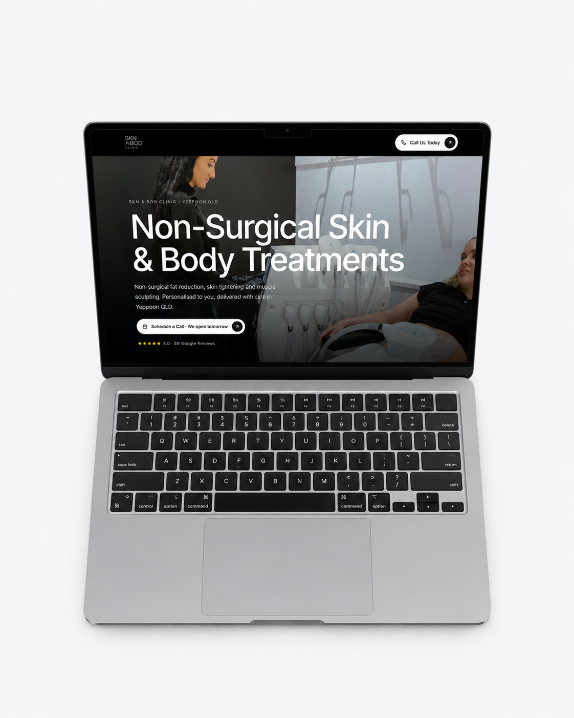 A landing page we built, on a laptop