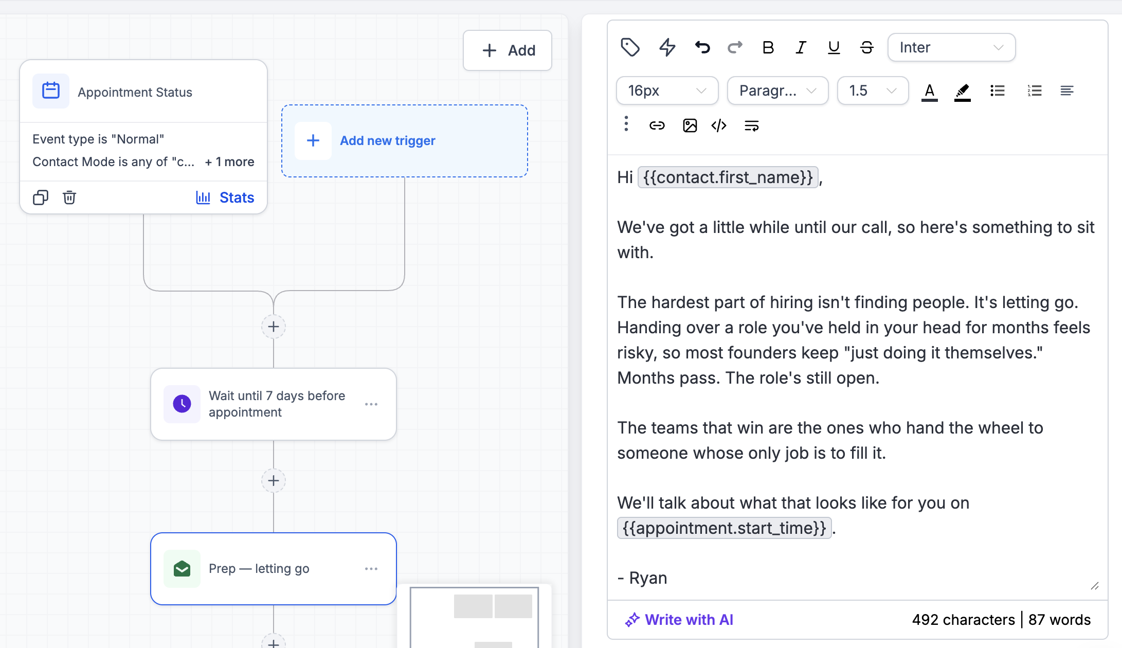 Pre-call warm-up email workflow