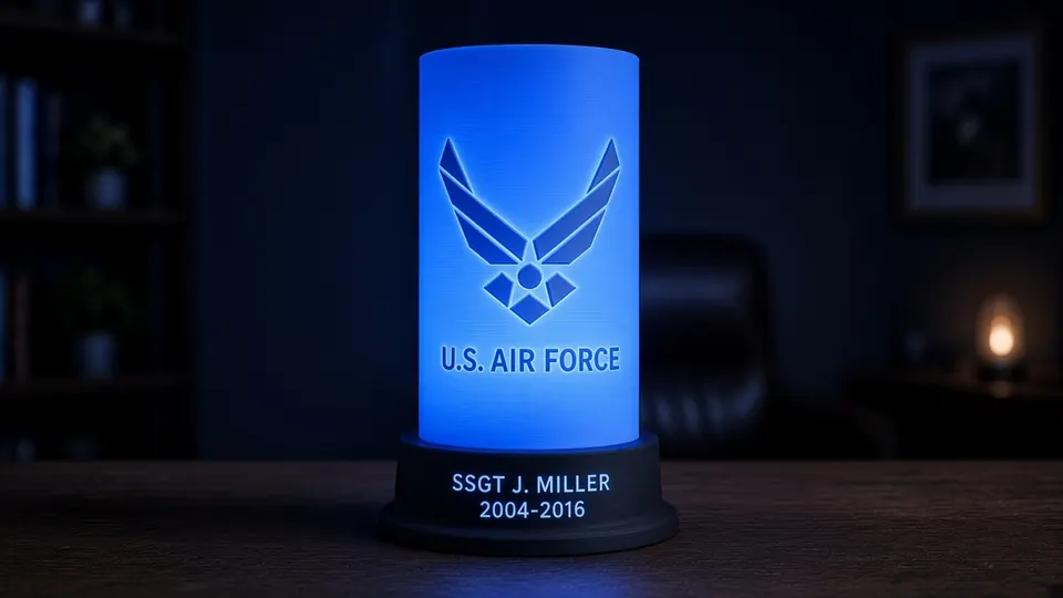 Air Force tribute lithophane lamp lit blue, showing a U.S. Air Force-inspired wing emblem above a black personalized nameplate base, glowing in a dark wood-paneled study