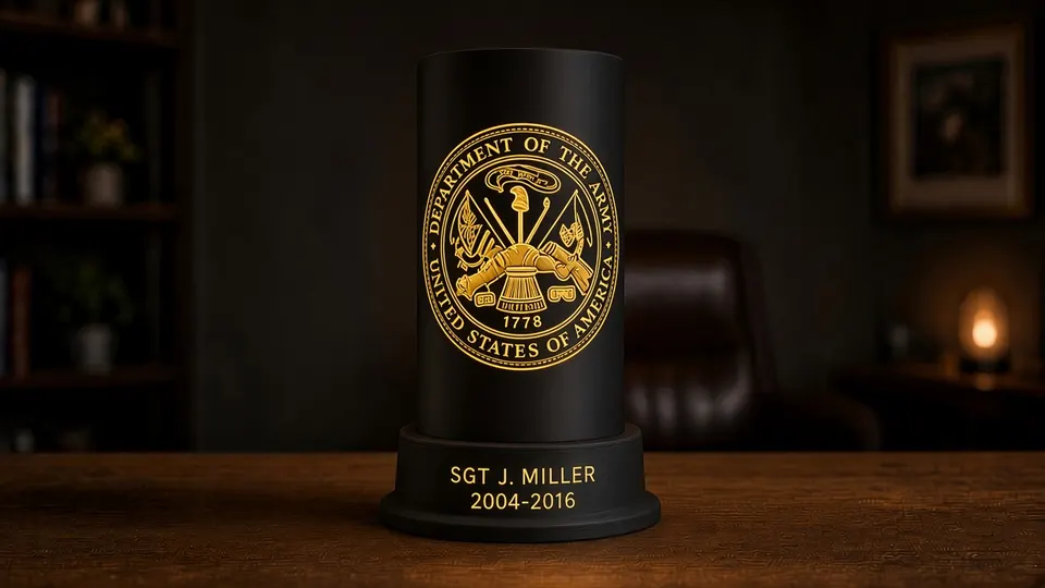 Army Seal White Outline tribute lithophane lamp lit gold-toned, showing a glowing gold-toned outlined Army seal-inspired design above a black personalized nameplate base, glowing in a dark wood-paneled study
