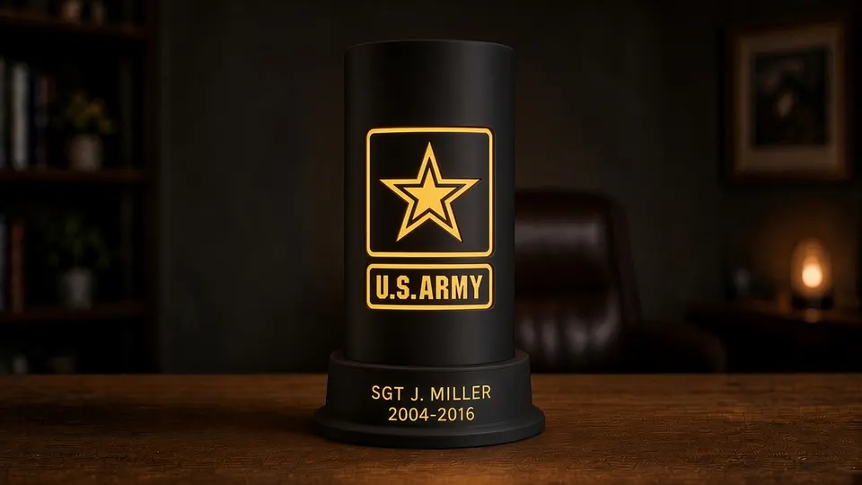 Army White Outline tribute lithophane lamp lit gold-toned, showing a glowing gold-toned outlined Army-inspired star emblem above a black personalized nameplate base, glowing in a dark wood-paneled study