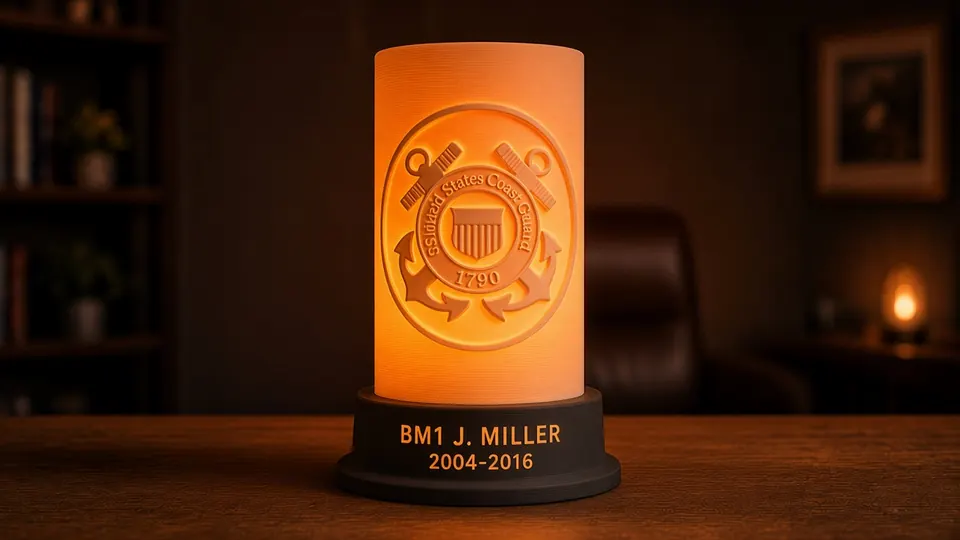 Coast Guard tribute lithophane lamp lit orange, showing a Coast Guard-inspired emblem above a black personalized nameplate base, glowing in a dark wood-paneled study