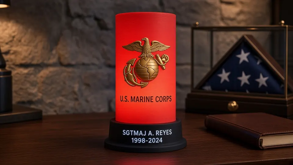 Marine Corps Gold Emblem tribute lithophane lamp lit red, showing a raised gold Marine Corps-inspired eagle, globe and anchor emblem above a black personalized nameplate base, on a desk beside a folded flag display case