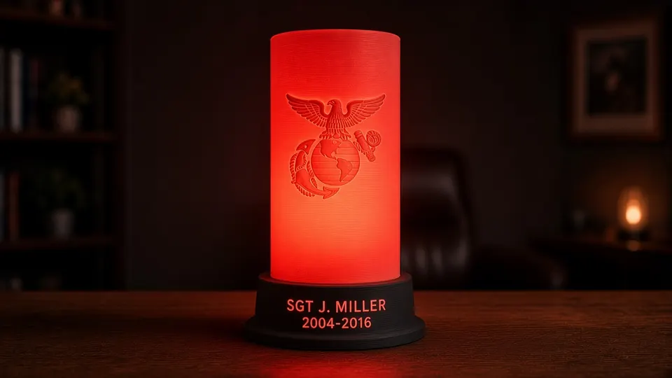 Marine Corps tribute lithophane lamp lit red, showing a Marine Corps-inspired eagle, globe and anchor emblem above a black personalized nameplate base, glowing in a dark wood-paneled study