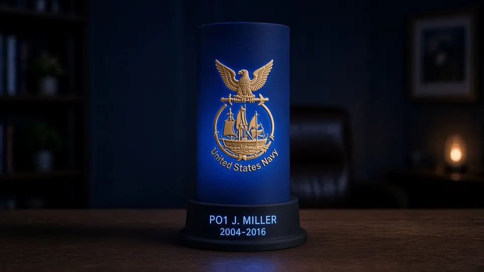 Navy tribute lithophane lamp lit deep blue, showing a U.S. Navy-inspired eagle and ship emblem above a black personalized nameplate base, glowing in a dark wood-paneled study