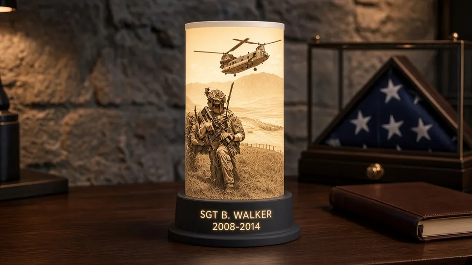 Soldier & Chinook tribute lithophane lamp lit warm sepia, showing an original image of a kneeling soldier with a Chinook helicopter overhead above a black personalized nameplate base, on a desk beside a folded flag display case
