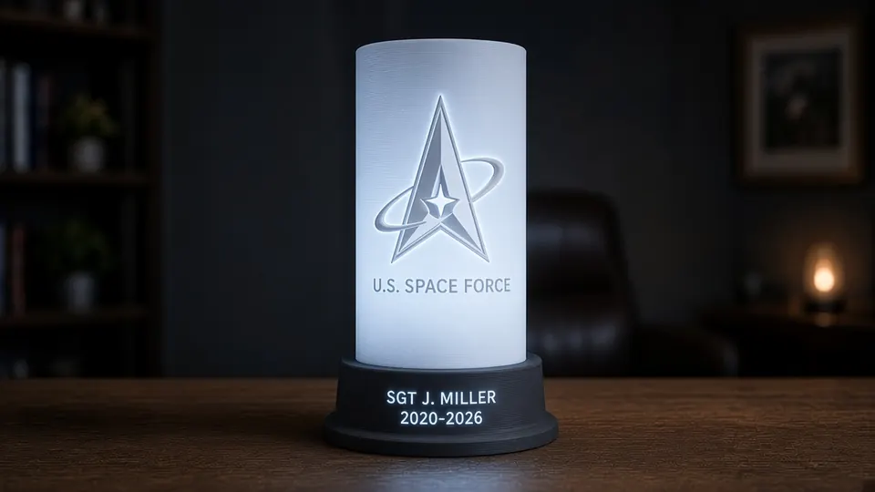 Space Force tribute lithophane lamp lit cool silver-blue, showing a Space Force-inspired delta emblem above a black personalized nameplate base, glowing in a dark wood-paneled study