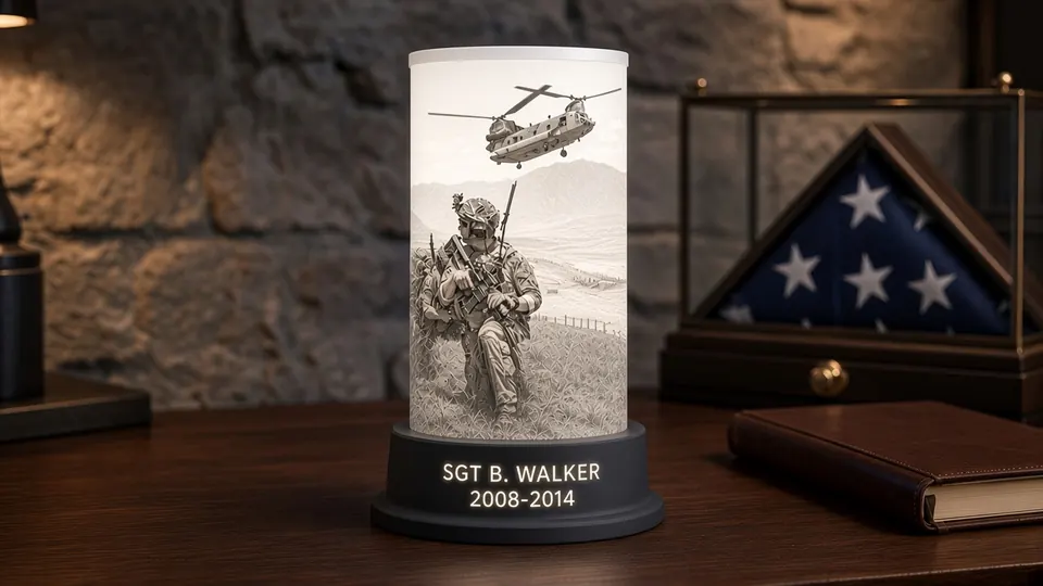 Soldier & Chinook tribute lithophane lamp lit white, showing an original image of a kneeling soldier with a Chinook helicopter overhead above a black nameplate base reading SGT B. WALKER 2008-2014, on a desk beside a folded flag display case