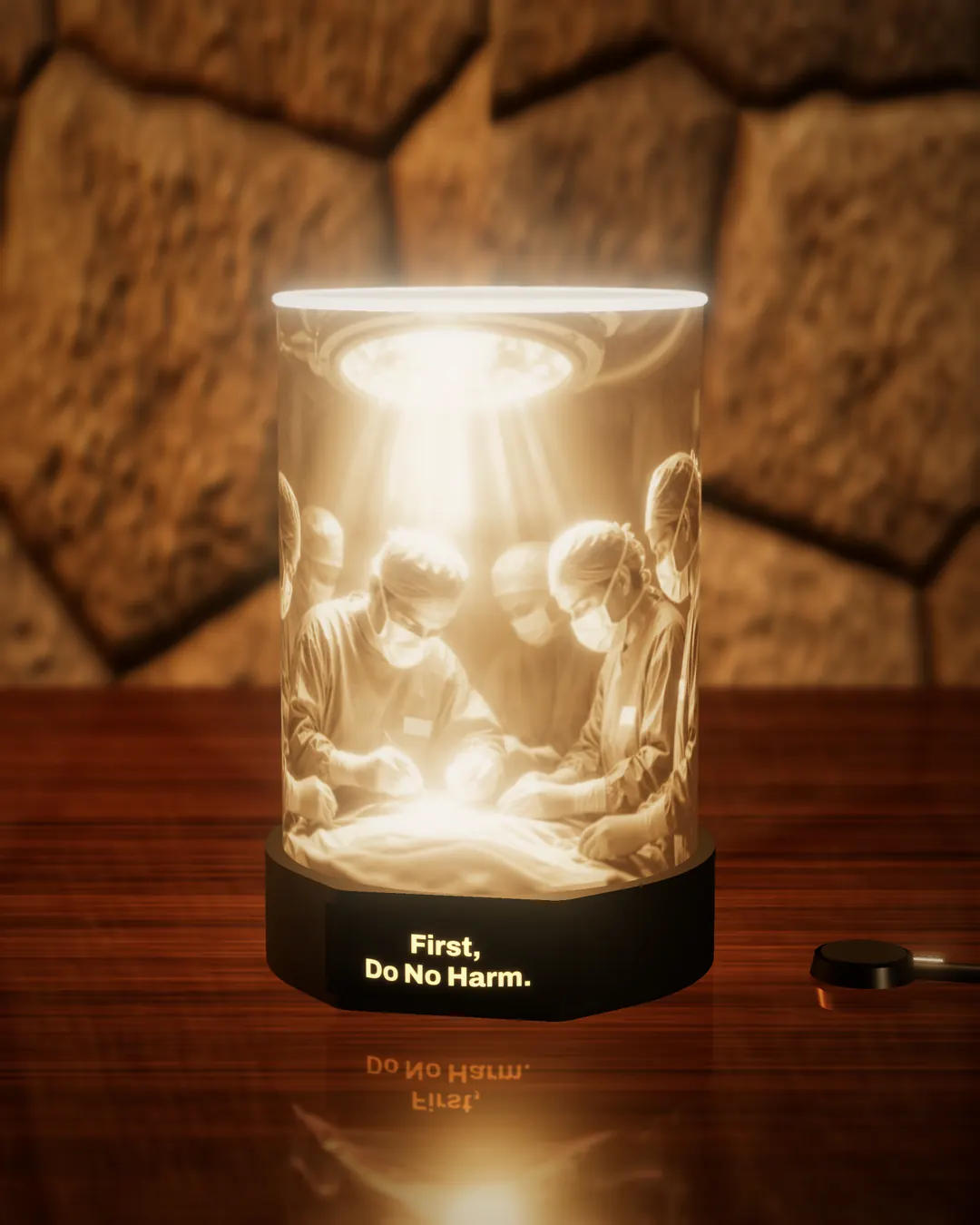 Doctor tribute lithophane lamp lit warm, showing a surgical team at work under an operating light, with the black base nameplate glowing “First, Do No Harm.”, on a wooden desk against a stone wall