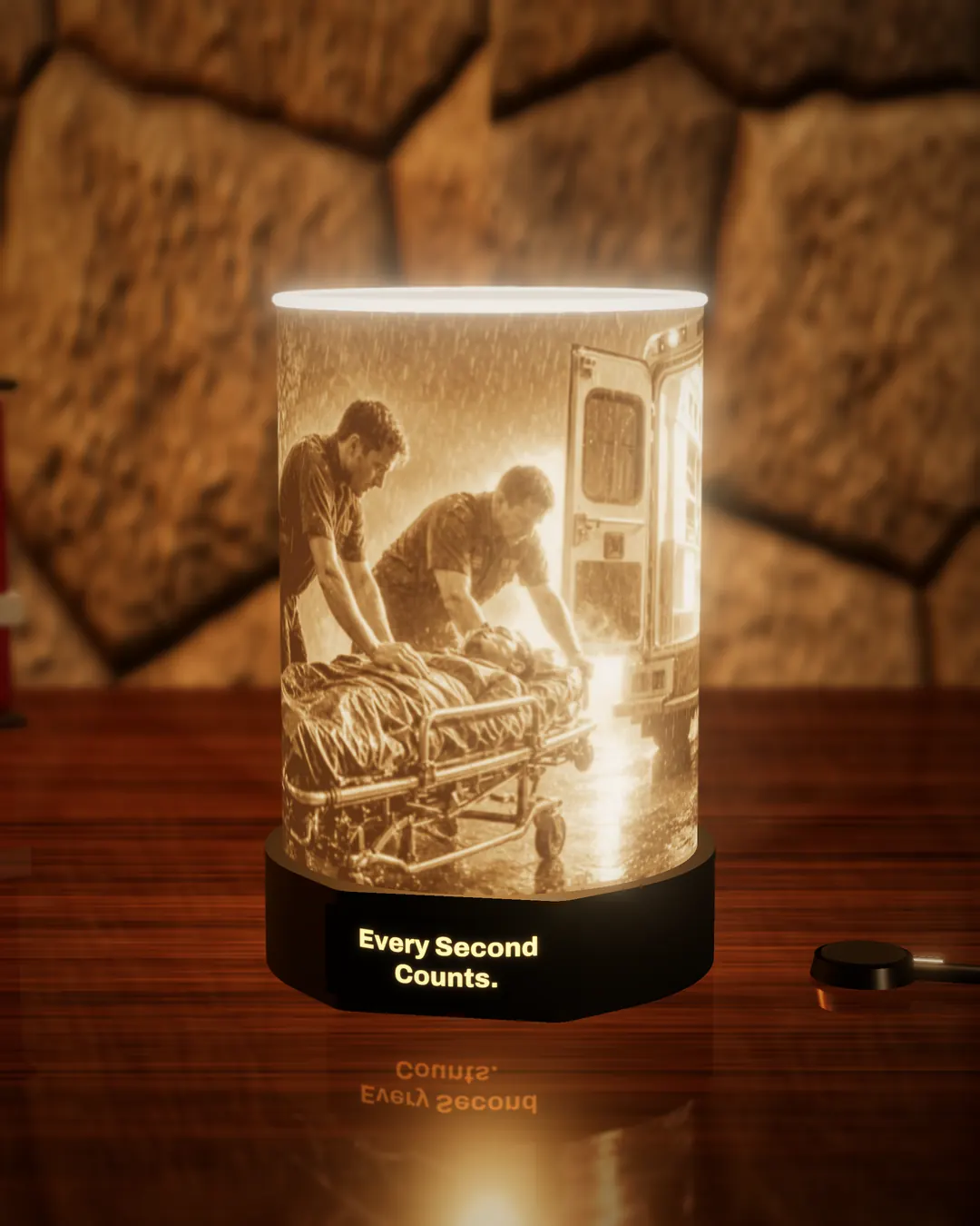 EMT tribute lithophane lamp lit warm, showing two EMTs loading a patient on a stretcher into an ambulance, with the black base nameplate glowing “Every Second Counts.”, on a wooden desk against a stone wall