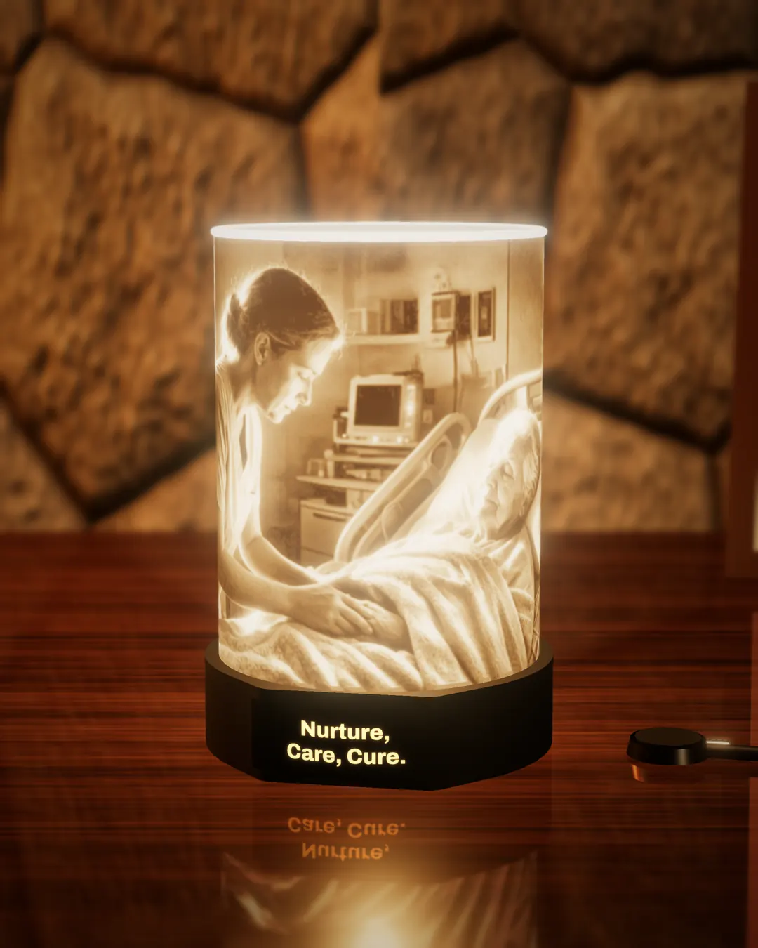 Nurse tribute lithophane lamp lit warm, showing a nurse caring for an elderly patient at the bedside, with the black base nameplate glowing “Nurture, Care, Cure.”, on a wooden desk against a stone wall