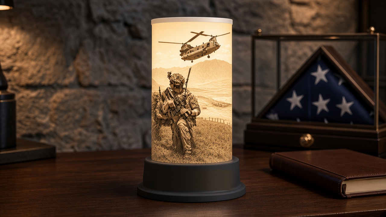 Soldier & Chinook lithophane lamp, 360° wrap, lit warm with a blank nameplate (no text)