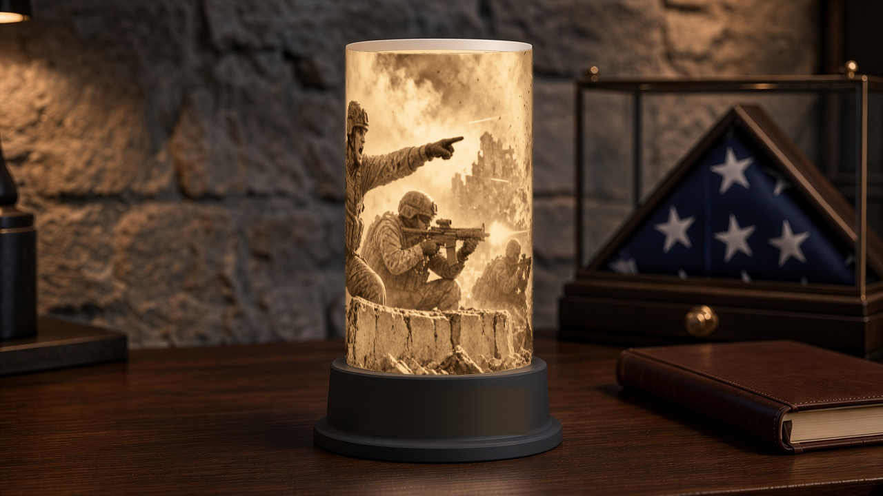 Soldiers Firefight Lithophane Lamp lithophane lamp, 360° wrap, lit warm with a blank nameplate (no text)
