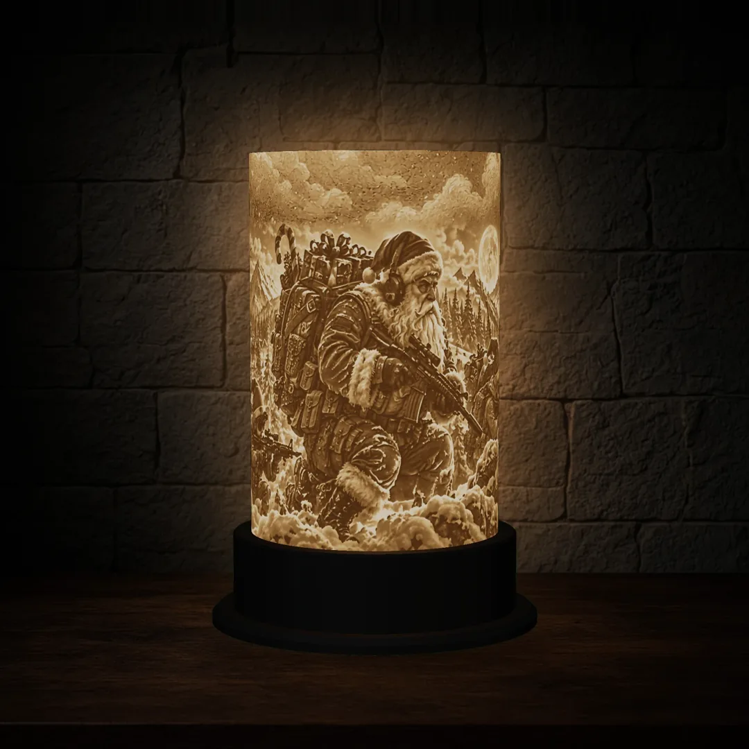 Tactical Santa Elf Squad lithophane lamp lit warm white on a round black base