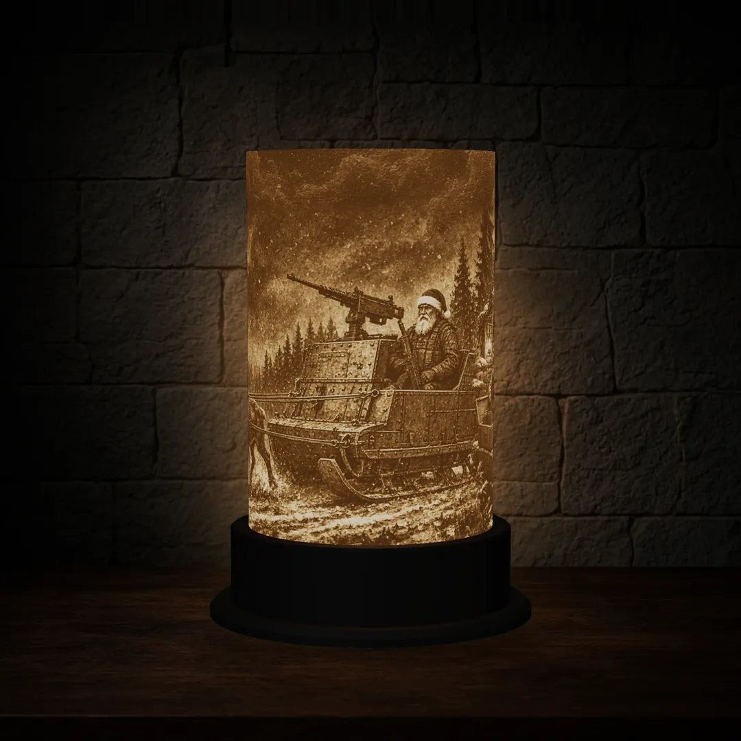 Tactical Santa Armored Sleigh lithophane lamp lit warm white on a round black base