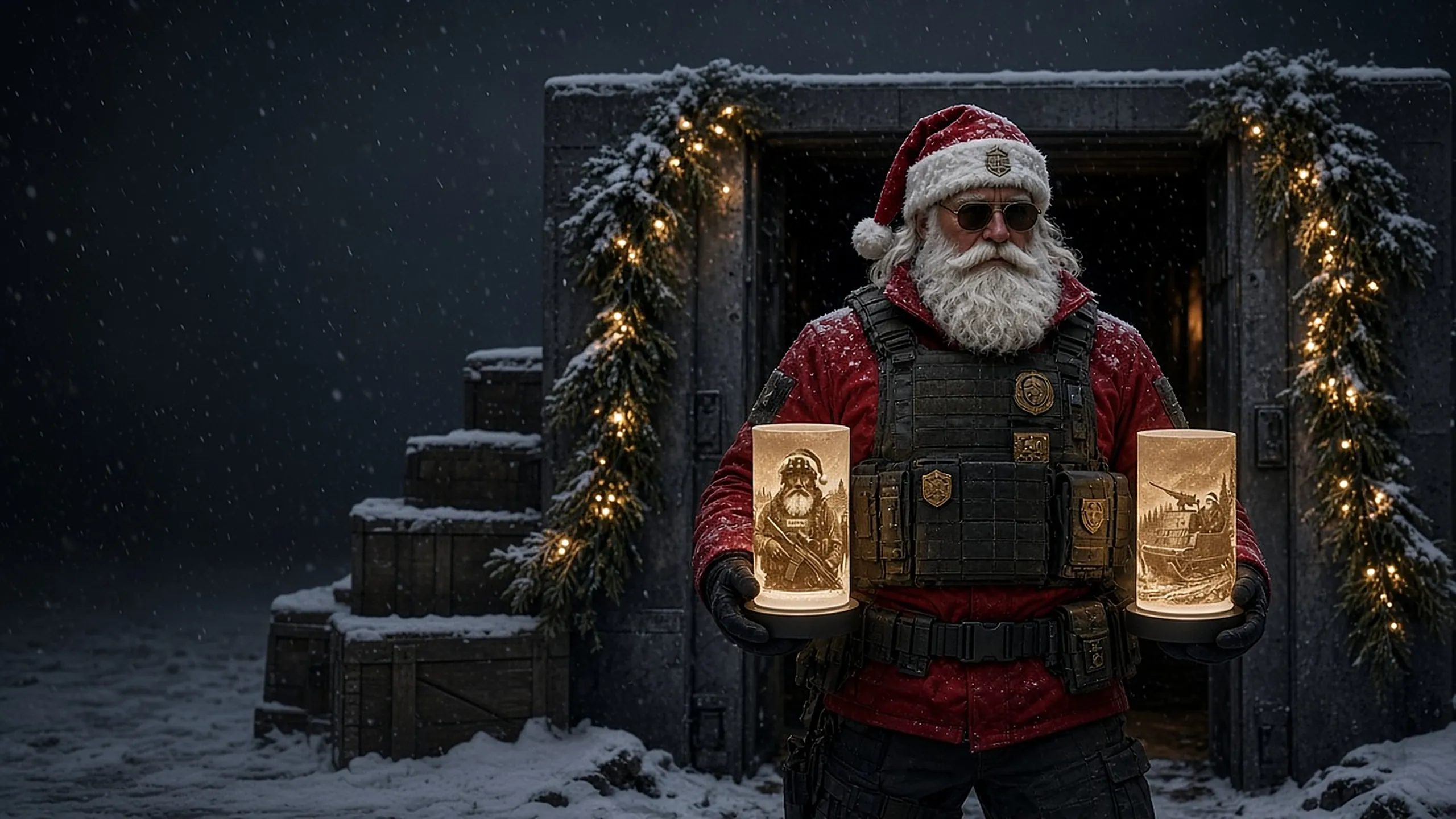 Tactical Santa in a plate carrier holding two glowing BootPrint lithophane lamps in the snow