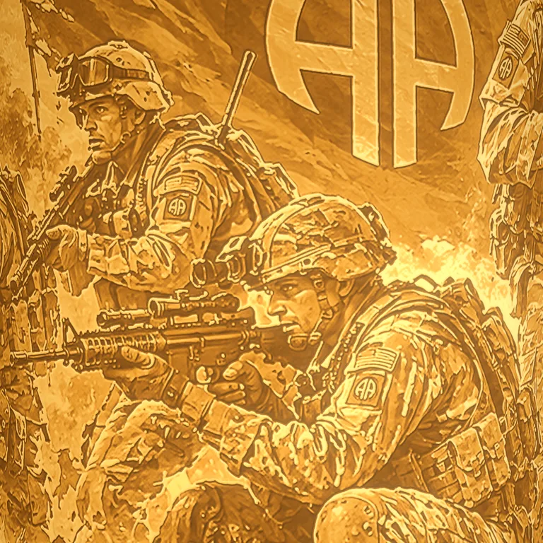Close-up of the lit 82nd Airborne Ridgeline shade, rendered preview: a paratrooper kneeling with a scoped rifle