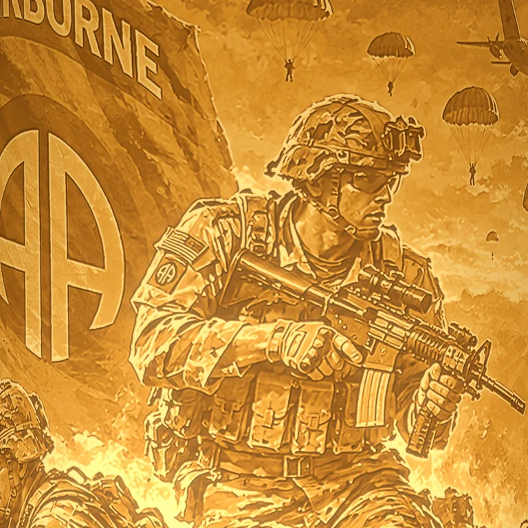 Close-up of the lit 82nd Airborne Ridgeline shade, rendered preview: a paratrooper with his rifle under the parachutes