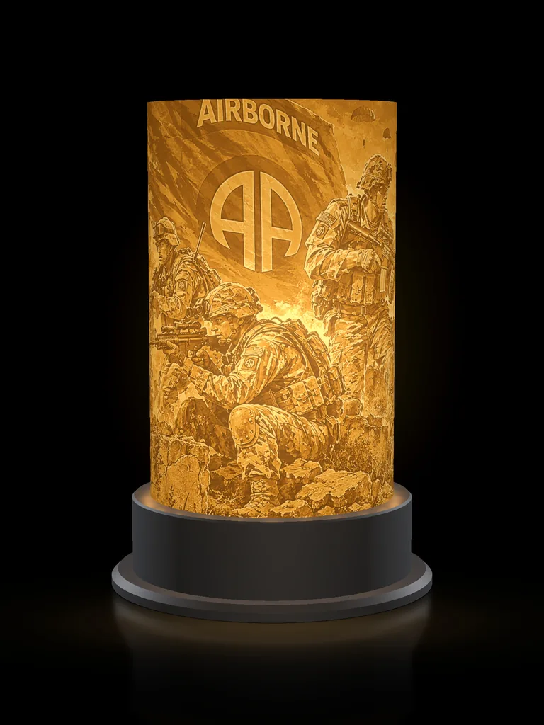 82nd Airborne Ridgeline lamp lit, rendered preview: the AIRBORNE flag with the AA insignia over paratroopers on the ridge
