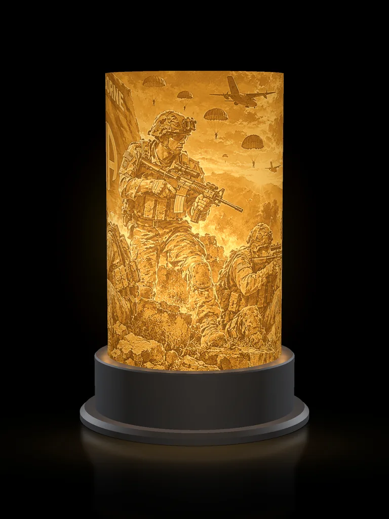 82nd Airborne Ridgeline lamp lit, rendered preview: a paratrooper advancing with his rifle