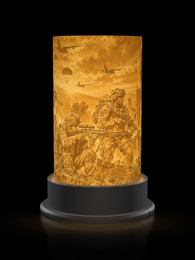 82nd Airborne Ridgeline lamp lit, rendered preview: transport aircraft and parachutes over a paratrooper kneeling with a scoped rifle