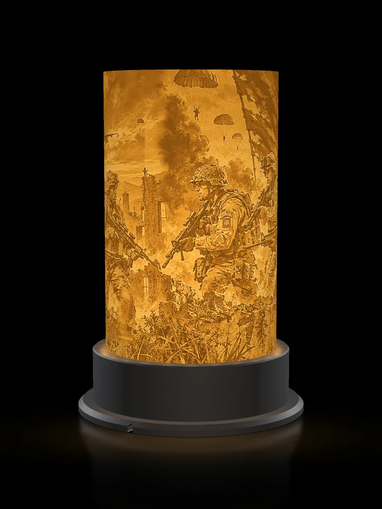 82nd Airborne Ridgeline lamp lit, rendered preview: a paratrooper beside smoke and ruins